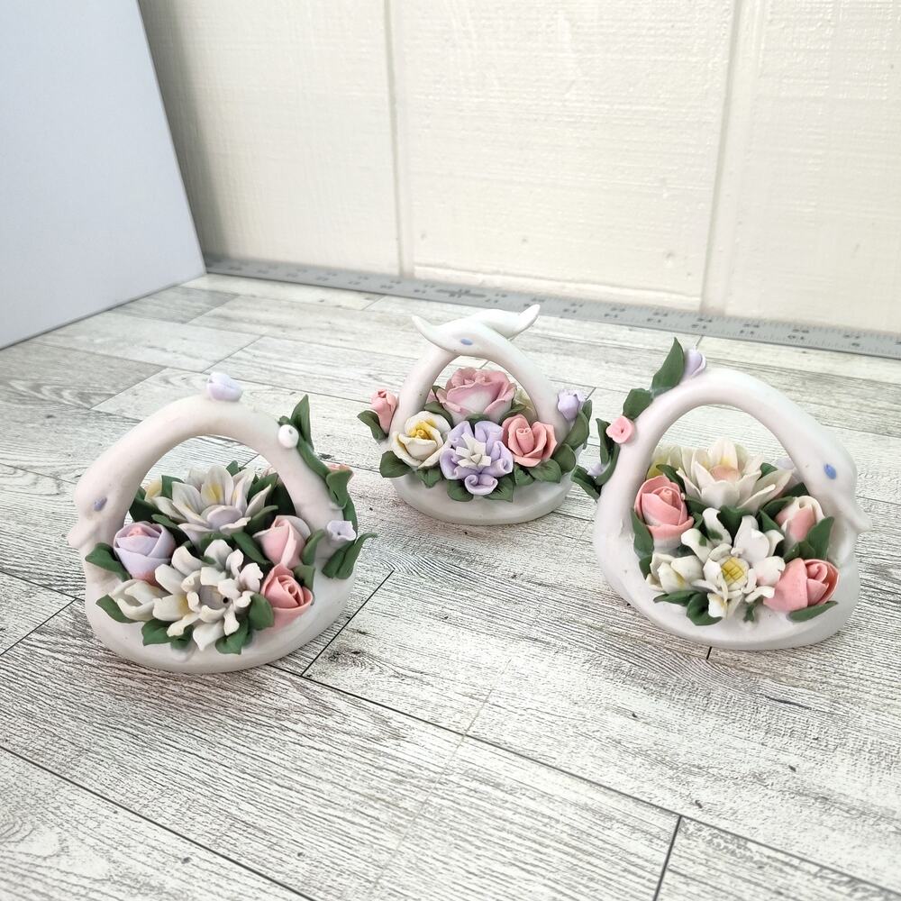 Set of 3 Floral Basket Ceramic Swan Figurines Table Decor Bridal Shower Accent - Picture 11 of 12